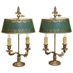 Pair French Louis XV Style Gilt Bouillotte Lamps, Foliate Finial, Green Metal