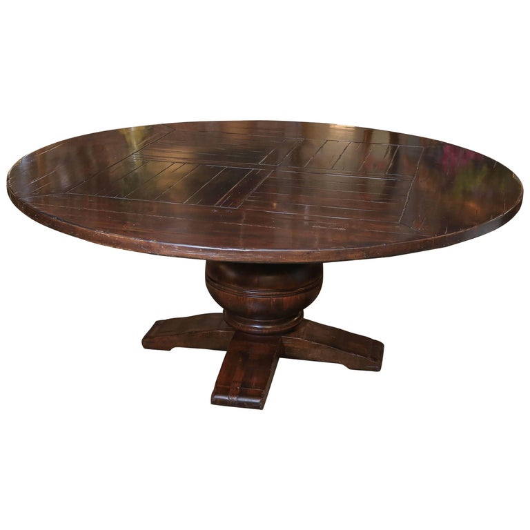 Large Round Dining Table with Distressed Finish in Dark Pine at 1stDibs