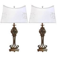 Pair of Art Deco Style Bronze Sculpture Lamps on Marble Base