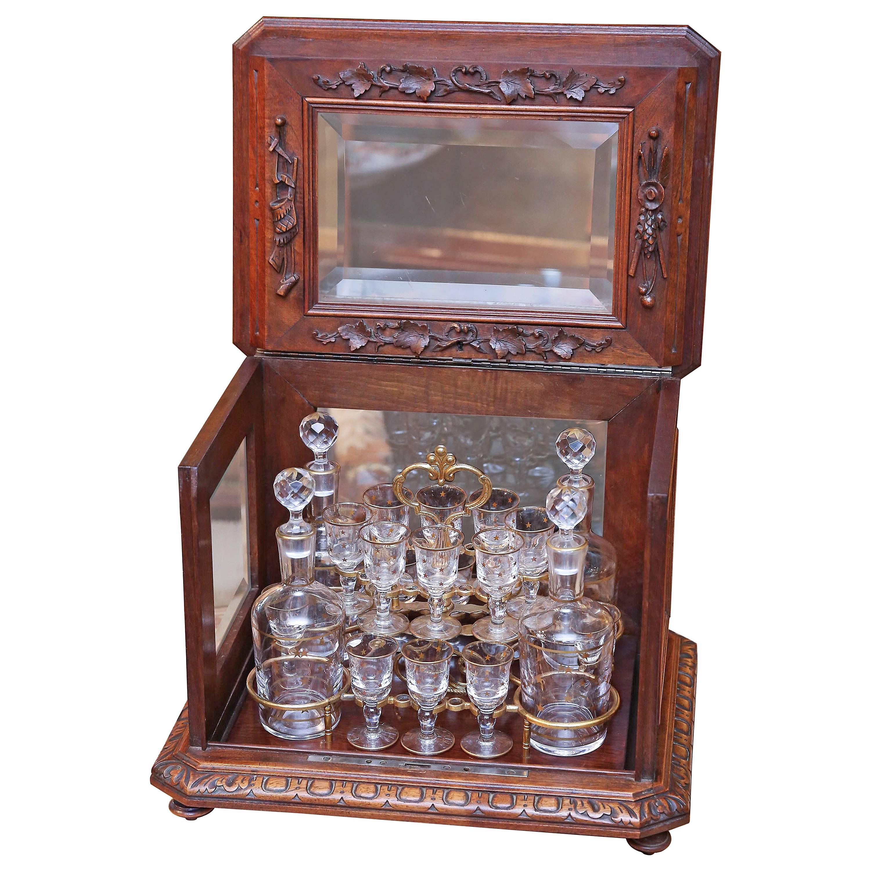 French Black Forest Walnut and Beveled Glass Tantalus Set