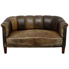 Antique Swedish Leather Fluted Back Sofa