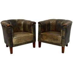 Pair of Antique Swedish Leather Tub Armchairs