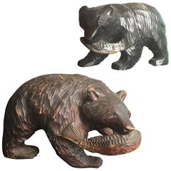 Japanese  Bears Fine PAIR Hand-Carved Cedar Wood Grasping Salmon Ainu