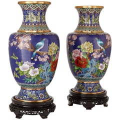 Two Large Chinese Cloisonné Enamel Vases with Wooden Bases