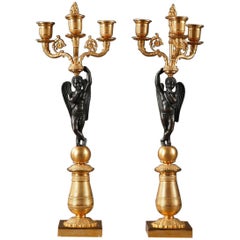 Early 19th Century Pair of Gilded and Patinated Bronze Candelabras