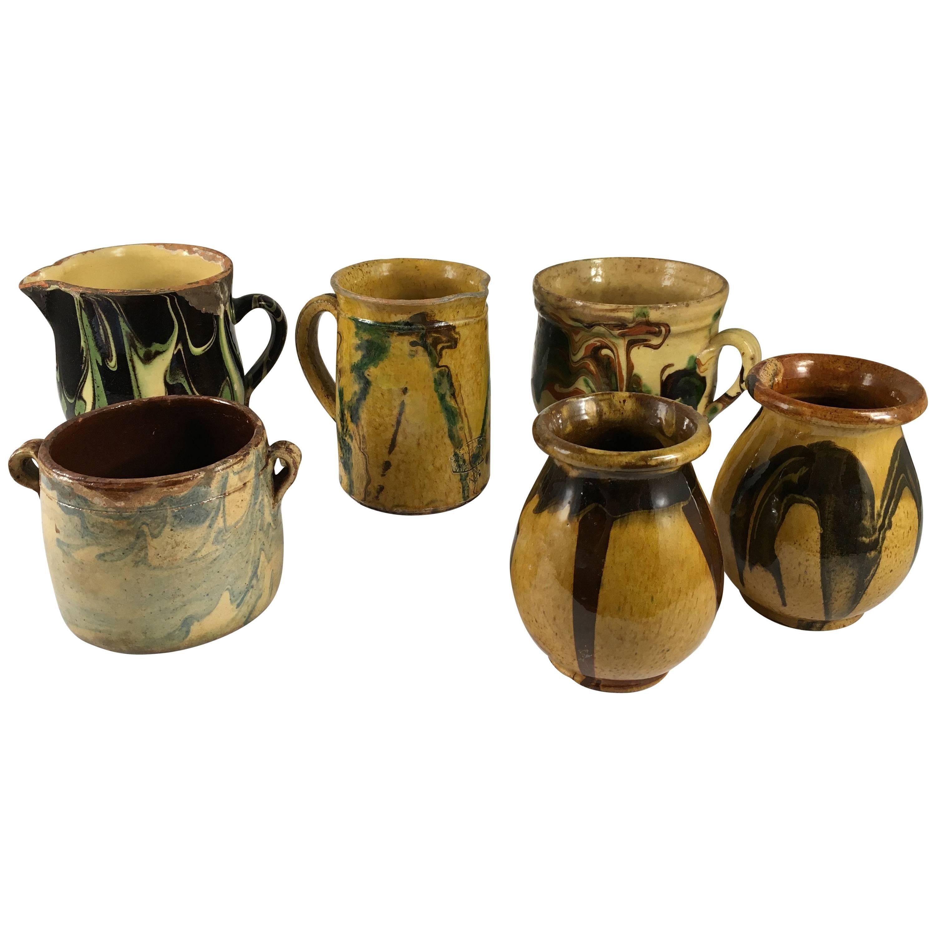 Collection of six French Provincial Jaspe Pots and Pitchers, 19th century