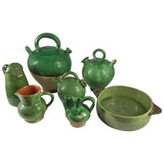 Vintage Collection of Green Provencale Pottery, French, 19th & 20th Century