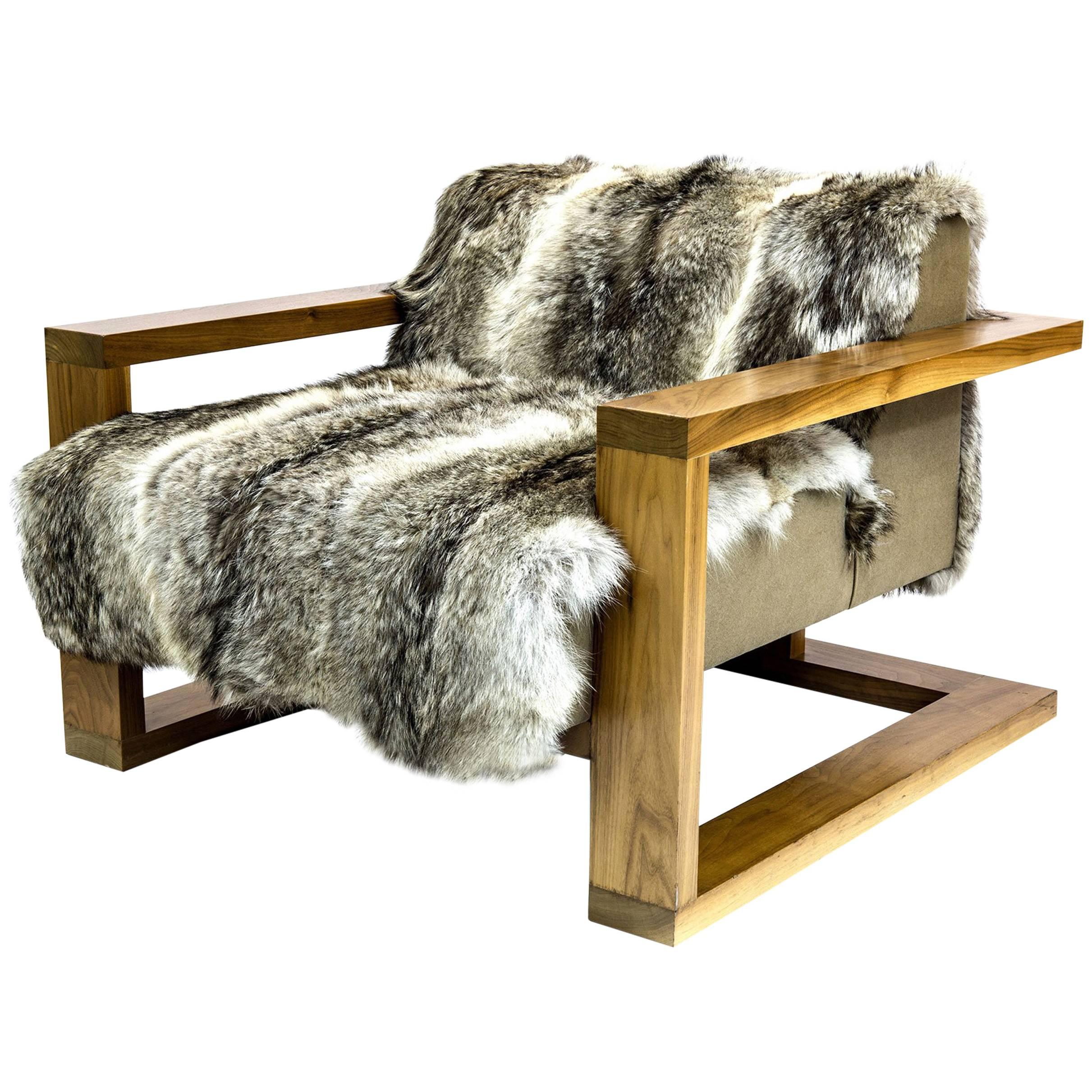 Sentient Caribou Exposed Frame Lounge Chair Coyote Fur Upholstery For Sale