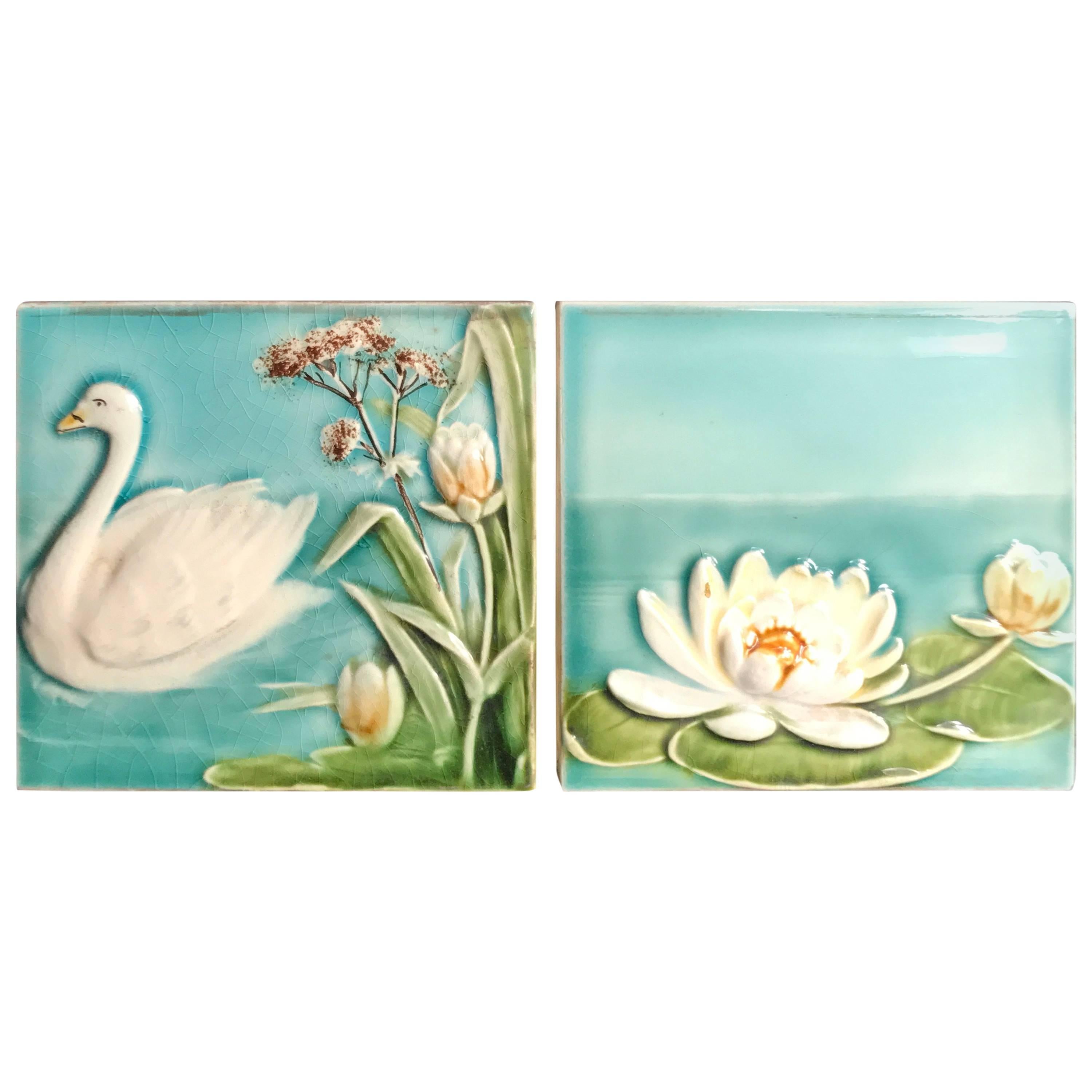Antique Hand-Painted Swan and Lotus Tiles Brilliant Blue Colors