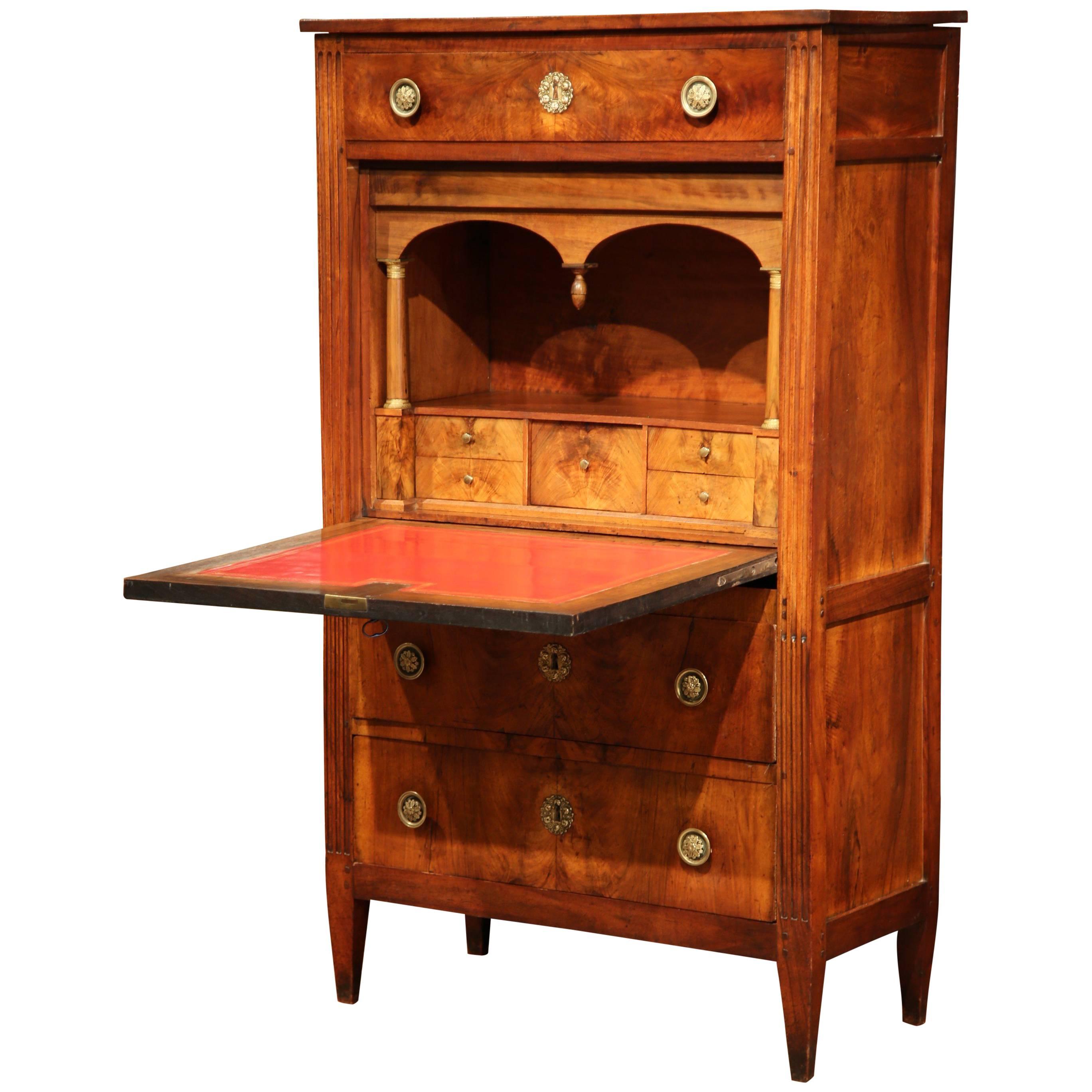 19th Century French Louis XVI Walnut Secretary Desk with Red Tooled Leather Top