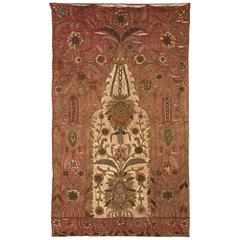 Red Silk Satin 18th Century Embroidered Prayer Rug