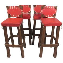 Vintage Rare Set of Four Brandt Ranch Oak Bar Stools