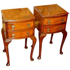 Antique Pair of Old English Burr Walnut Queen Anne Style Bedside or Chairside Tables