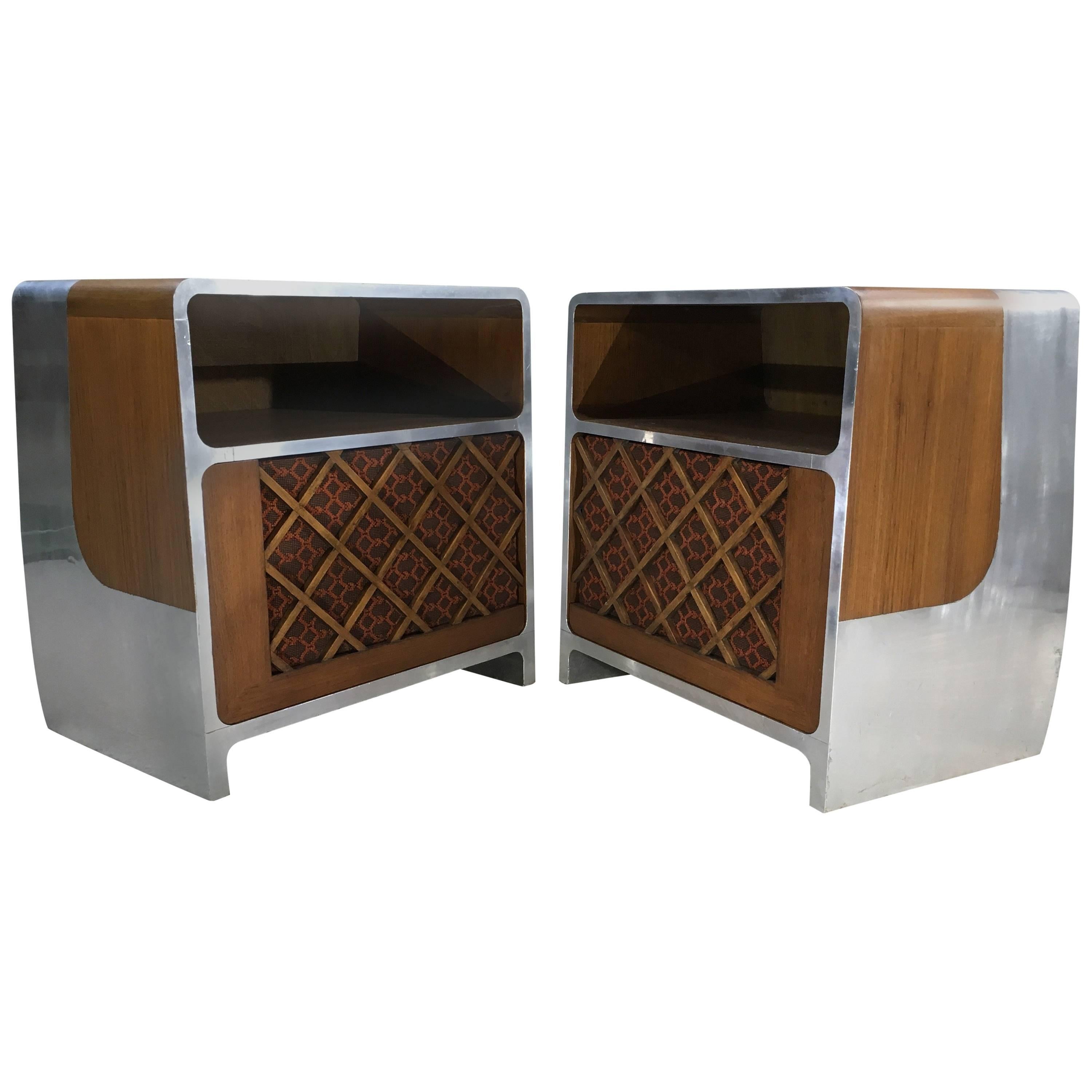 Custom Space Age Bauhaus Teak and Aluminium Stereo Console Cabinet, Pair