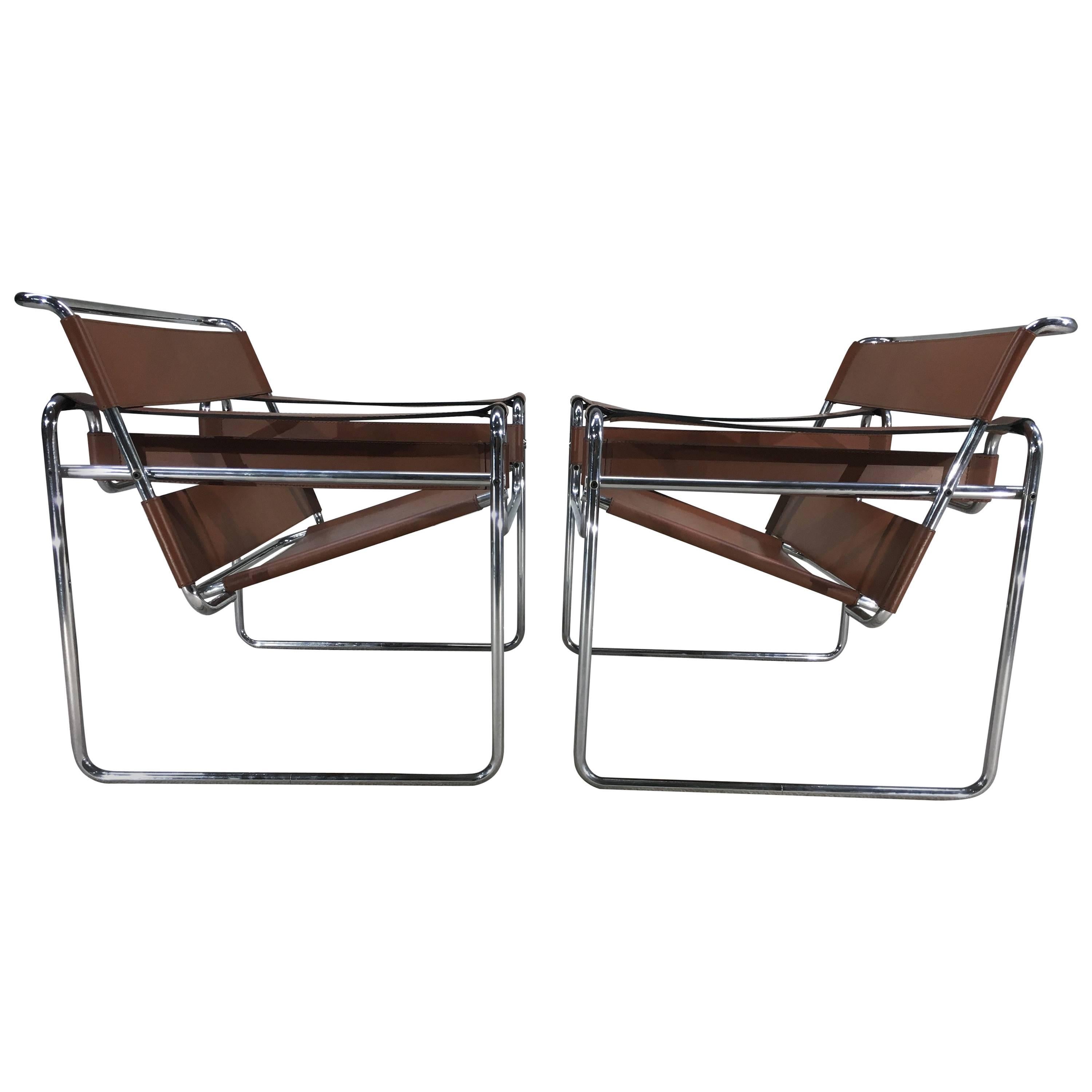Pair of Caramel Leather Wassily Chairs by Marcel Breuer for Stendig