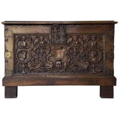 French First Renaissance Walnut Carved Wedding Chest