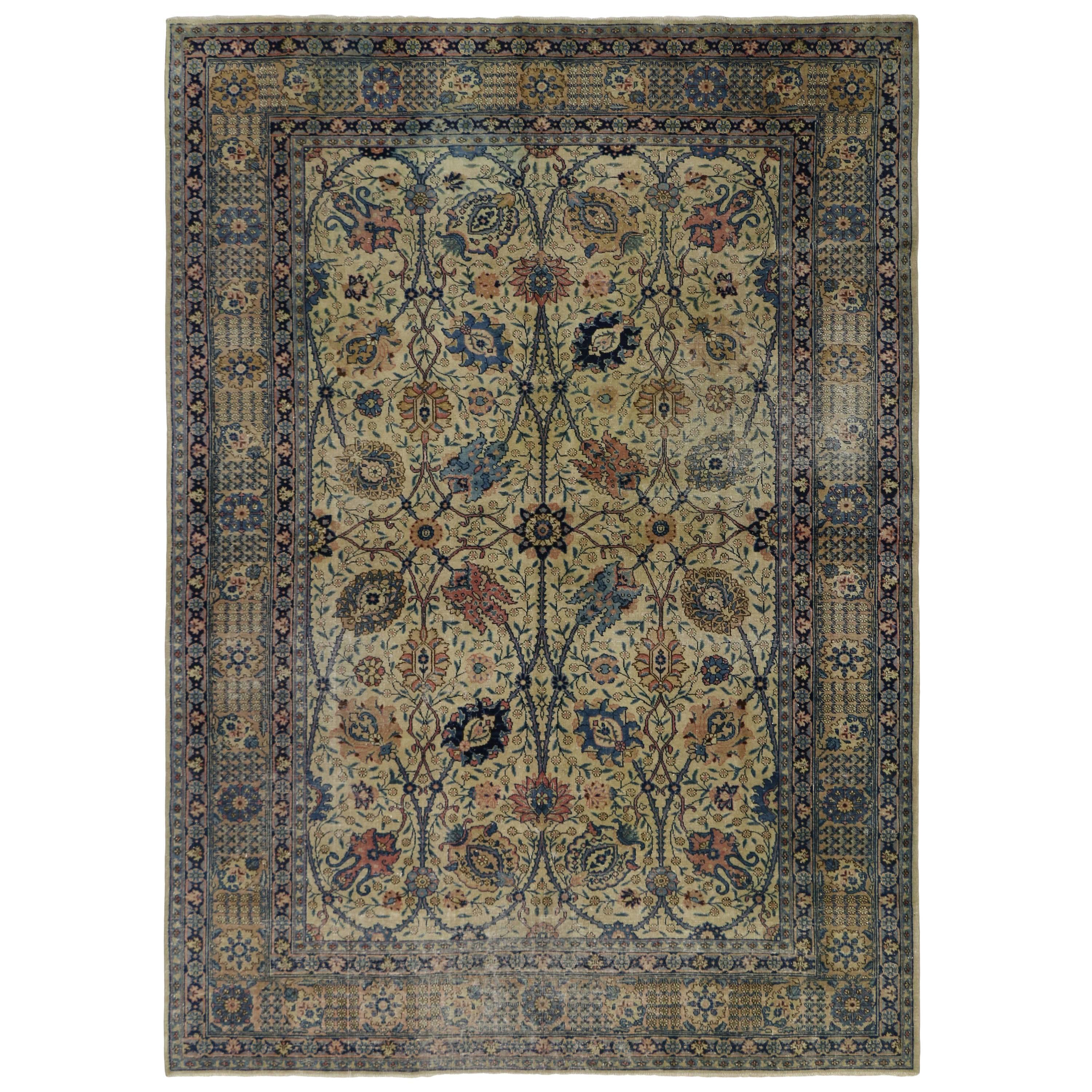 Distressed Antique Persian Tabriz Rug with Georgian Romantic Chippendale Style