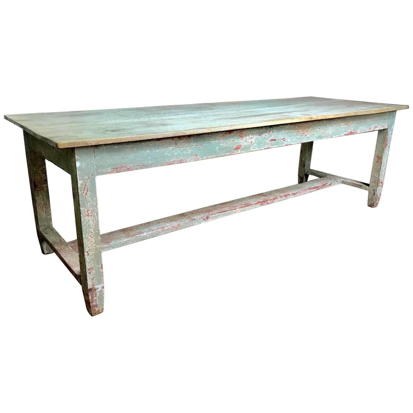 Long Painted Farm Table with Walnut Plank Top, French, 19th Century