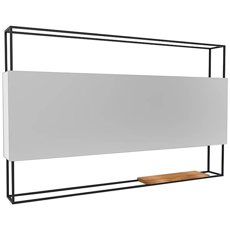 This minimal contemporary mirror is perfectly suited for an entryway, bedroom, or bathroom, the abstract modern frame mirror reduces the object to its most minimal form. The movable oakwood tray shelf can be positioned anywhere along the bottom