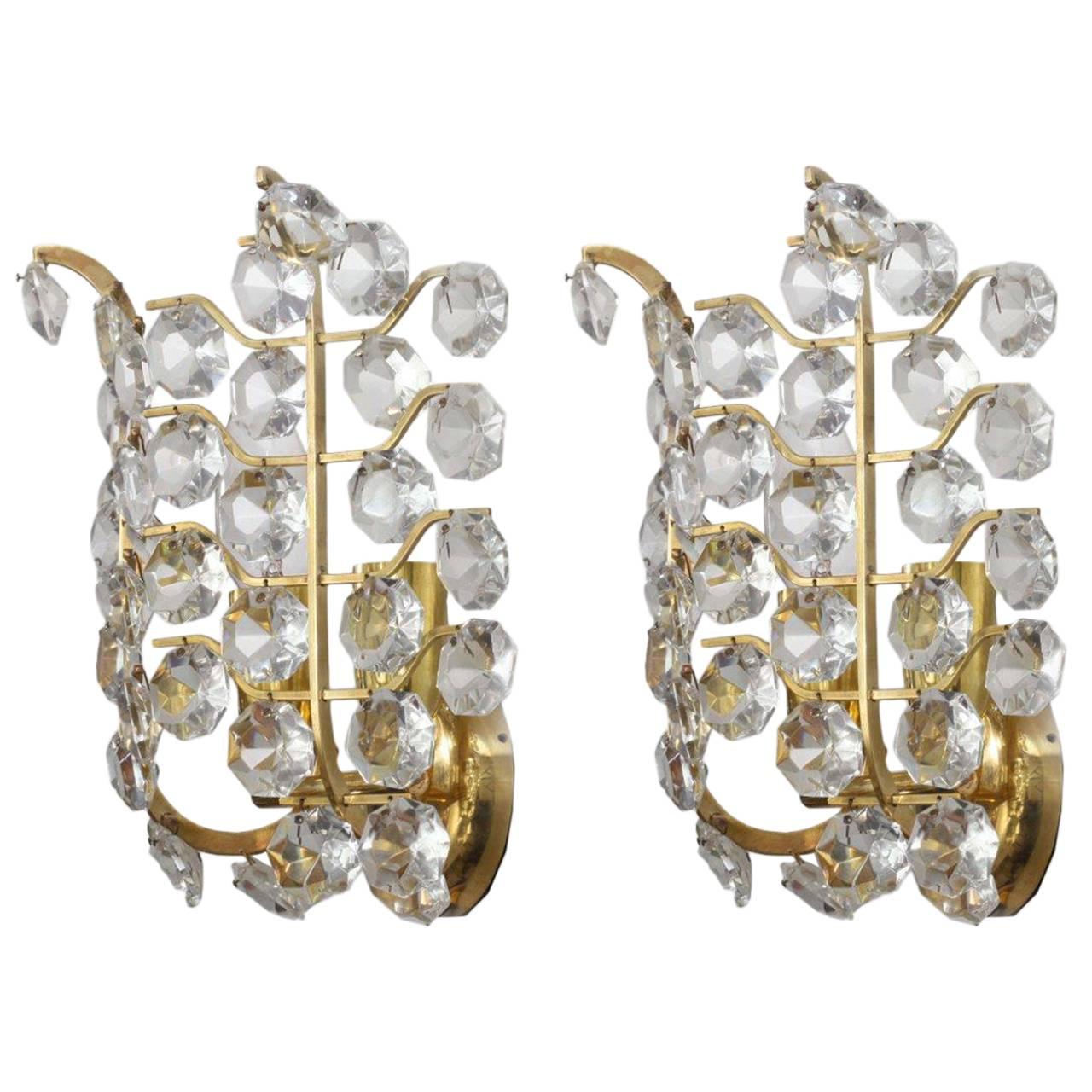 Pair of Crystal Glass Wall Sconces by Bakalowits und Söhne For Sale