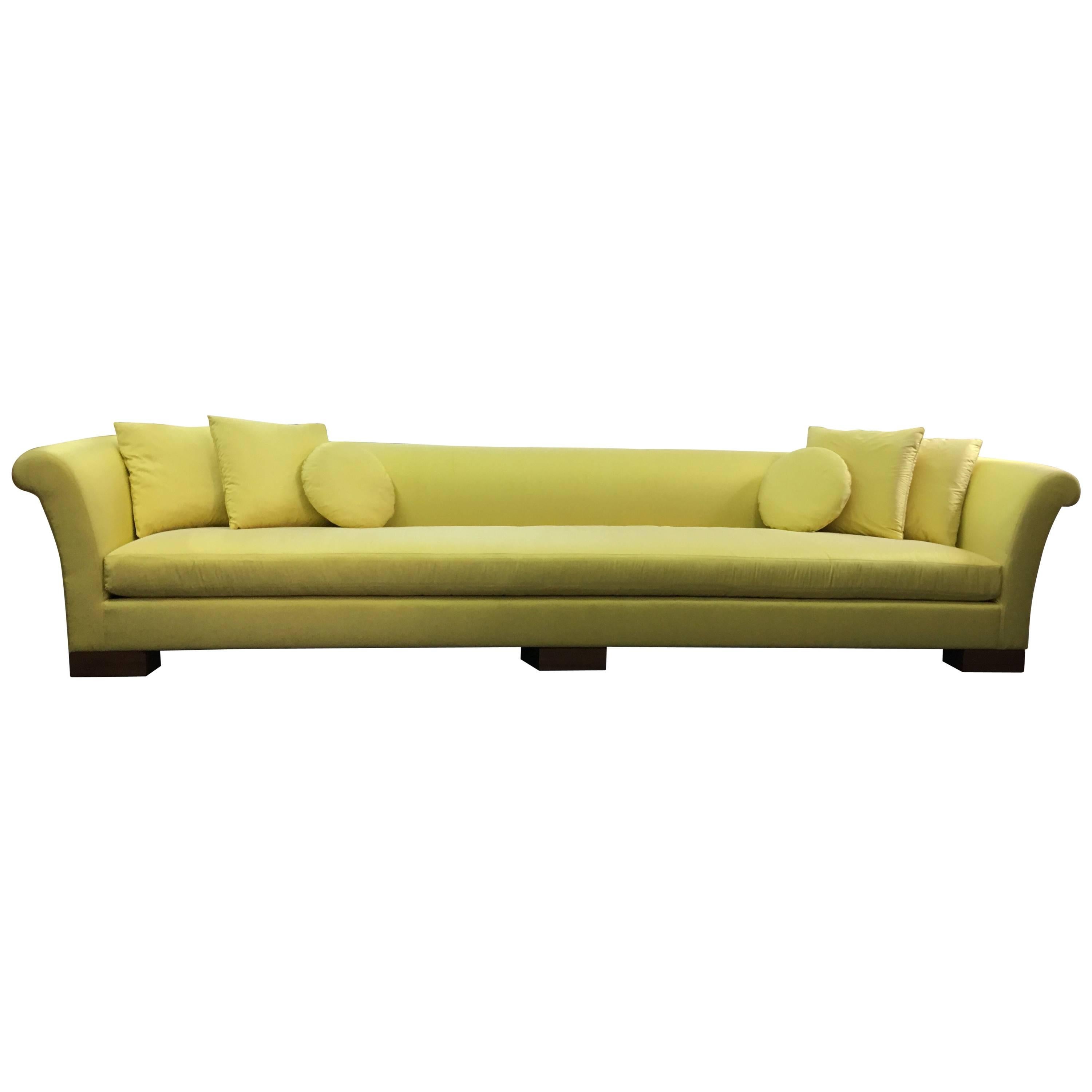 Elegant Divan in Lemon Satin with Square and Round Pillows For Sale