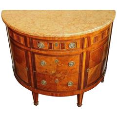 Antique French Louis XVI Style Marquetry Inlaid Marble-Top Demilune Commode