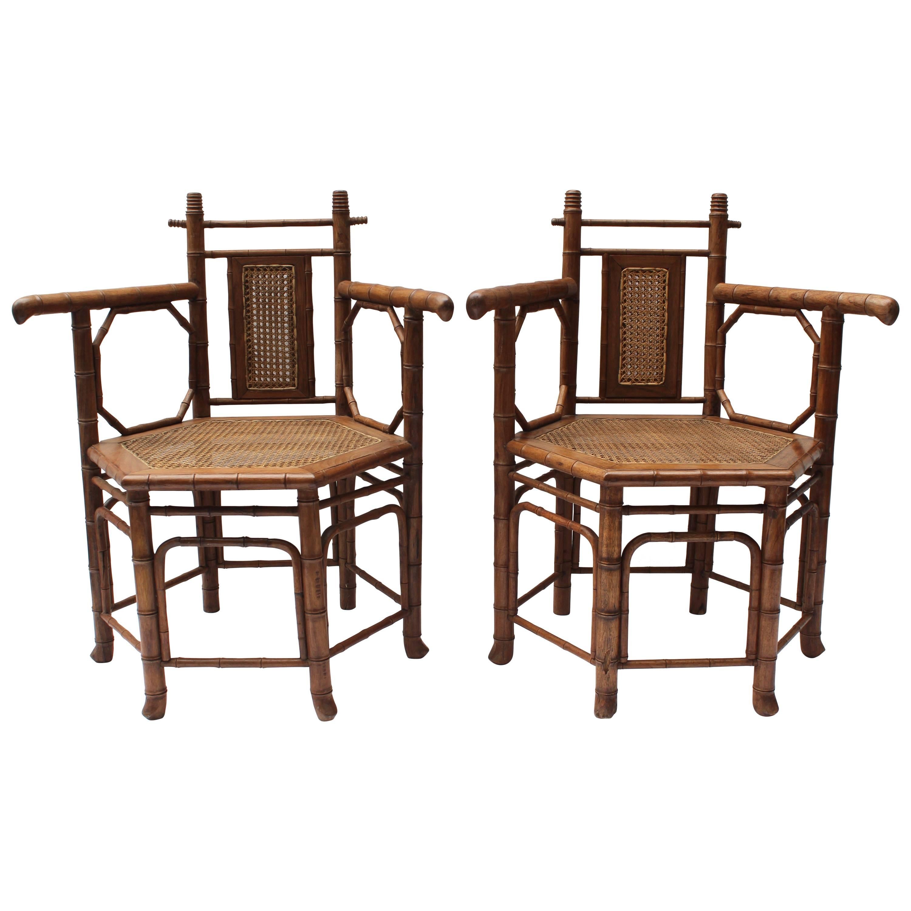 Pair of Hexagonal Bamboo and Cane Armchairs