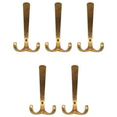 Five Brass Double Hooks with Fitting Brass Screws
