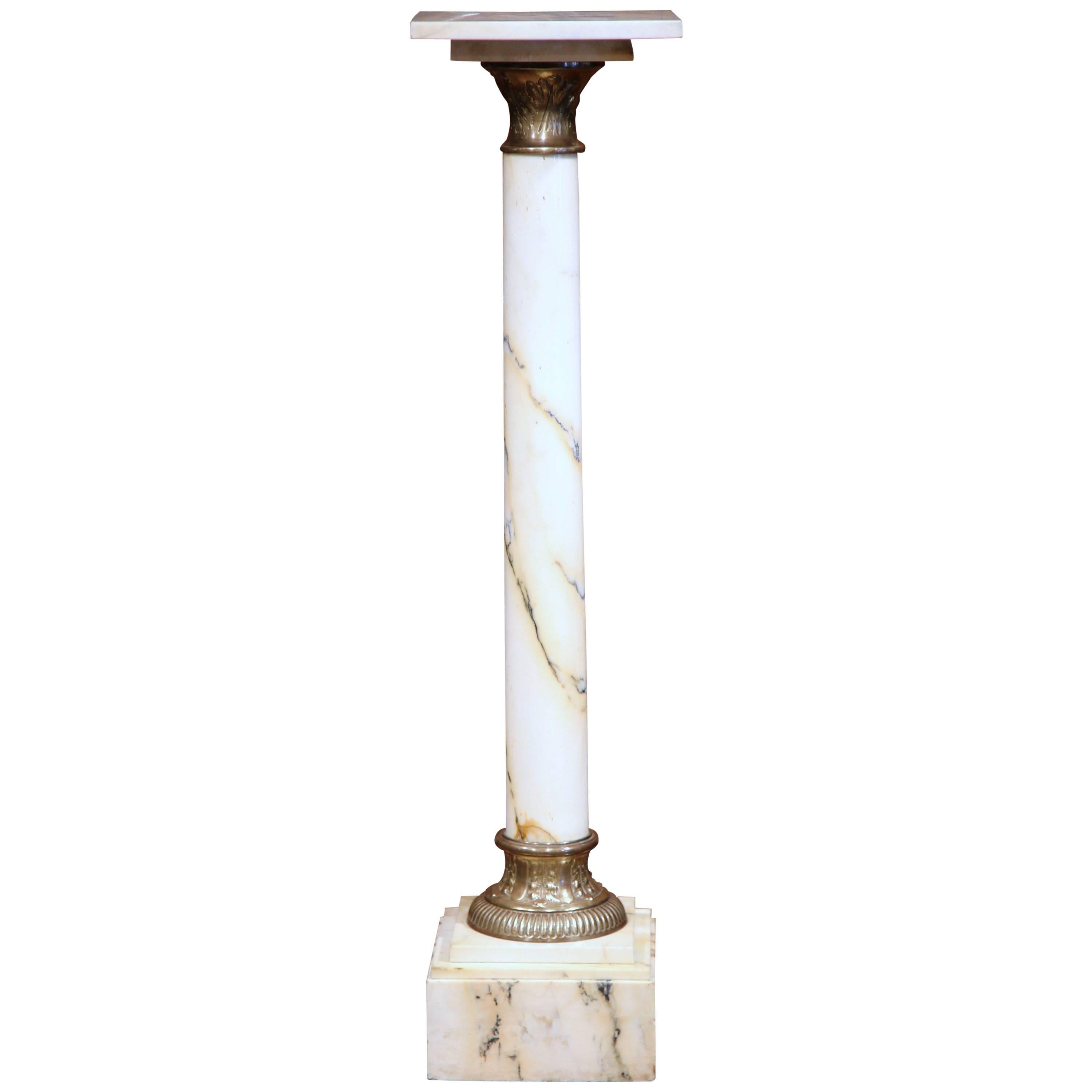 19th Century French Marble and Brass Rings Pedestal with Square Swivel Top