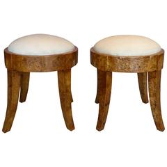 Biedermeier 19th Century Solid Elm Burlwood Stools with Goatskin, Pair