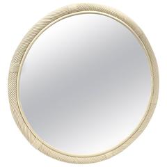 Large Chinese White Lacquered Circular Rattan Mirror