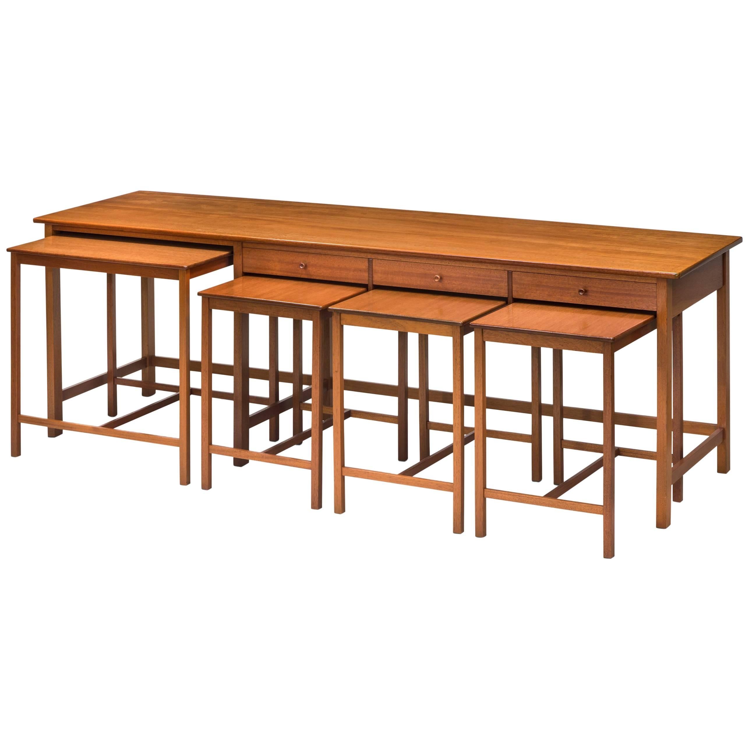 John Kandell, Rare and Early Swedish Low Sideboard and Nesting Teak Table Set For Sale
