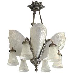 French Art Deco Nickel Bronze Art Glass Chandelier by Charles Schneider 3