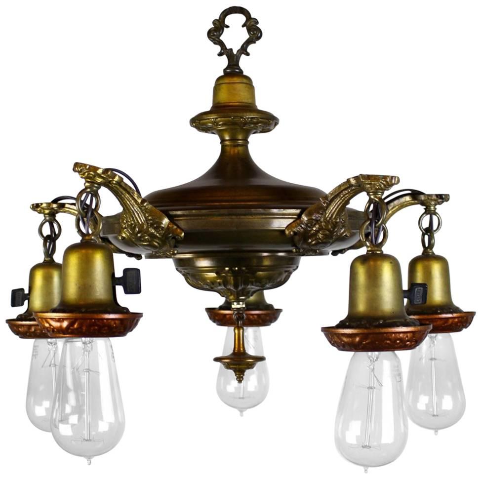 Five-Light Embossed Pan Fixture with Bare Bulbs For Sale