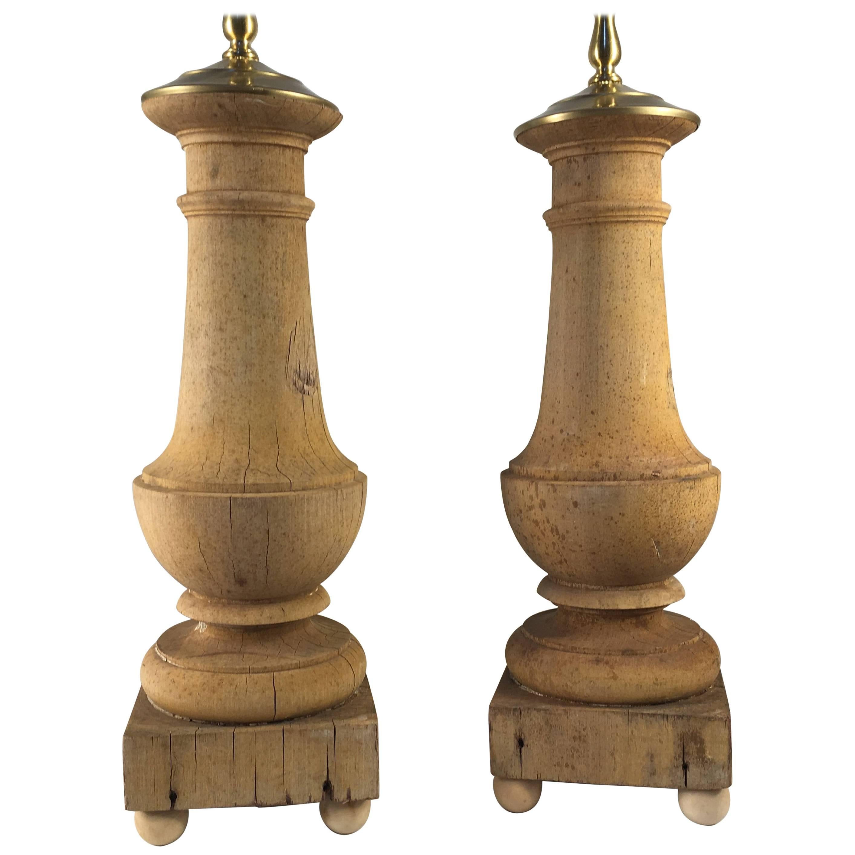Pair of Pine Baluster Lamps, 19th Century