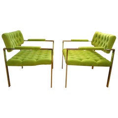 Stunning Pair Mid-Century Modern Baughman Tufted Chrome Flat Bar Lounge Chairs