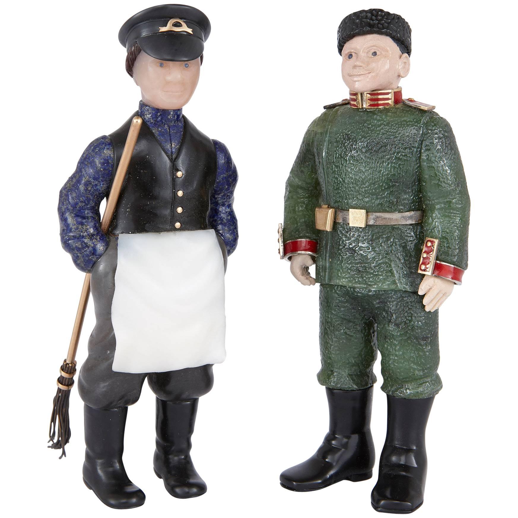 Two Fabergé Style Russian Hardstone Figures of Men in Uniforms