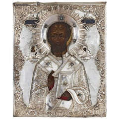 Icono ruso de San Nicolás enjoyado, dorado y plateado