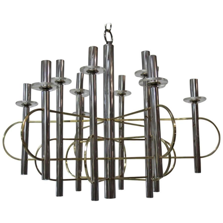 Modernist Sculpture Chandelier Sciolari, Design 1970 Brass Steel Italian Design 