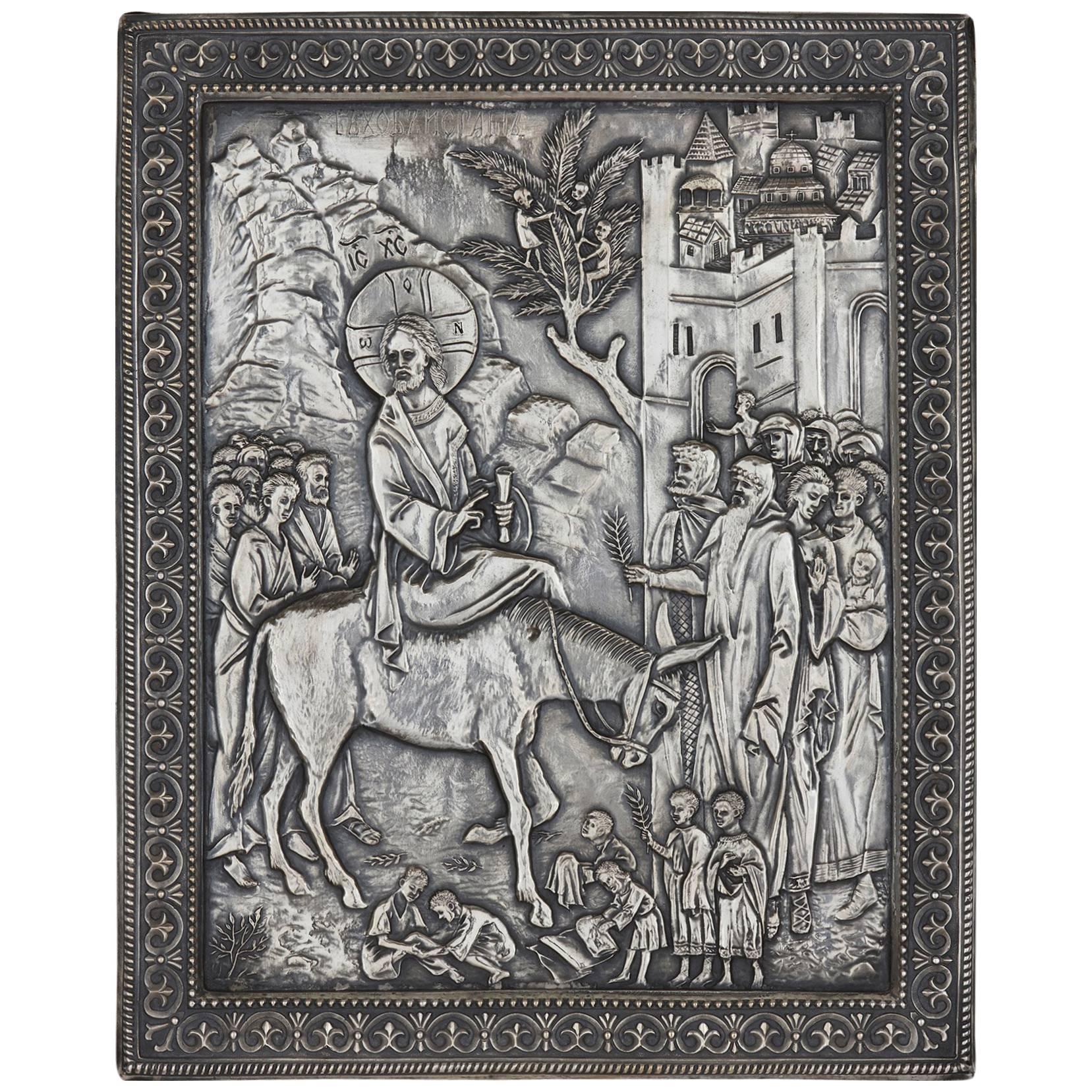 Russian Silver Icon Depicting Christ Entering Jerusalem For Sale