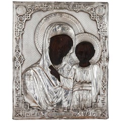 Antique Russian Icon Depicting the Madonna and Child