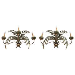 Dramatic Hand-Painted Large Palm Frond Motife Sconces