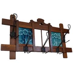 Early 20th Century Arts & Crafts Oak and Majolica Glazed Flower Tiles Coat Rack