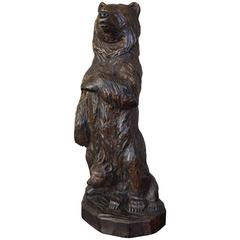 Used Hand-Carved Standing Black Forest Bear & Sitting Baby Bear Cub Sculpture