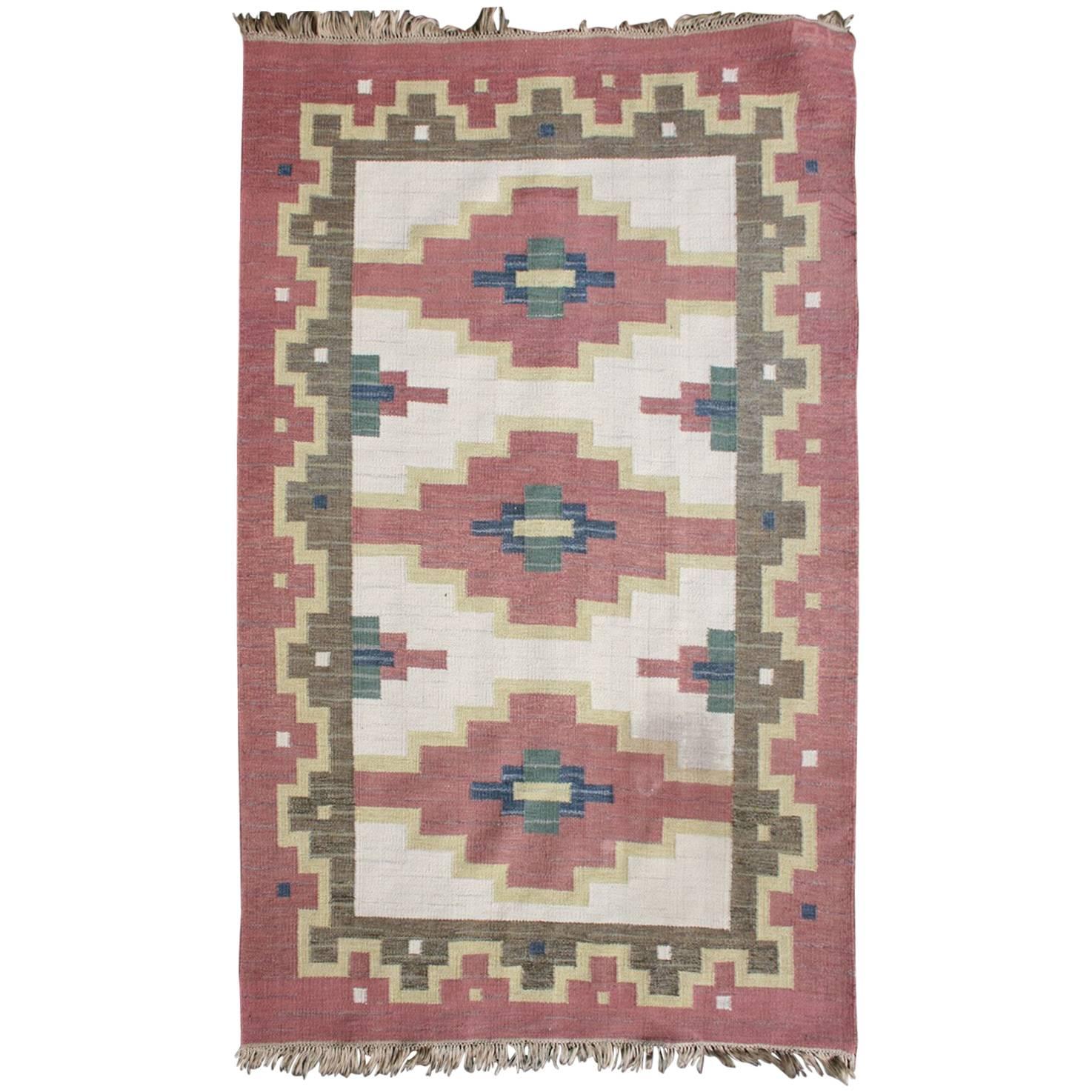 Swedish Röllakan or Rolakan Carpet Handwoven, Wool, Signed GK For Sale