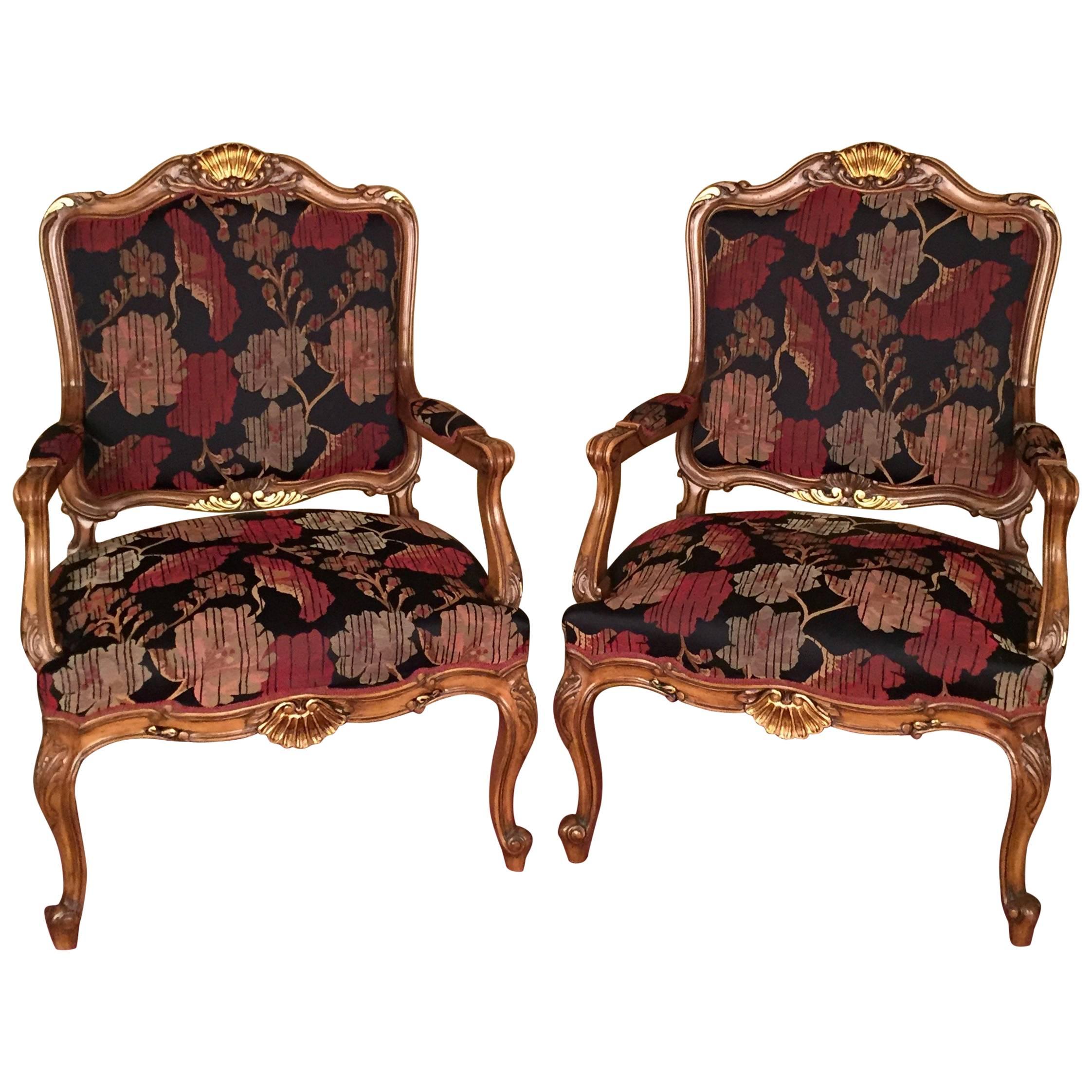 20th Century Neo Baroque Pair of Armchairs, Solid Walnut For Sale