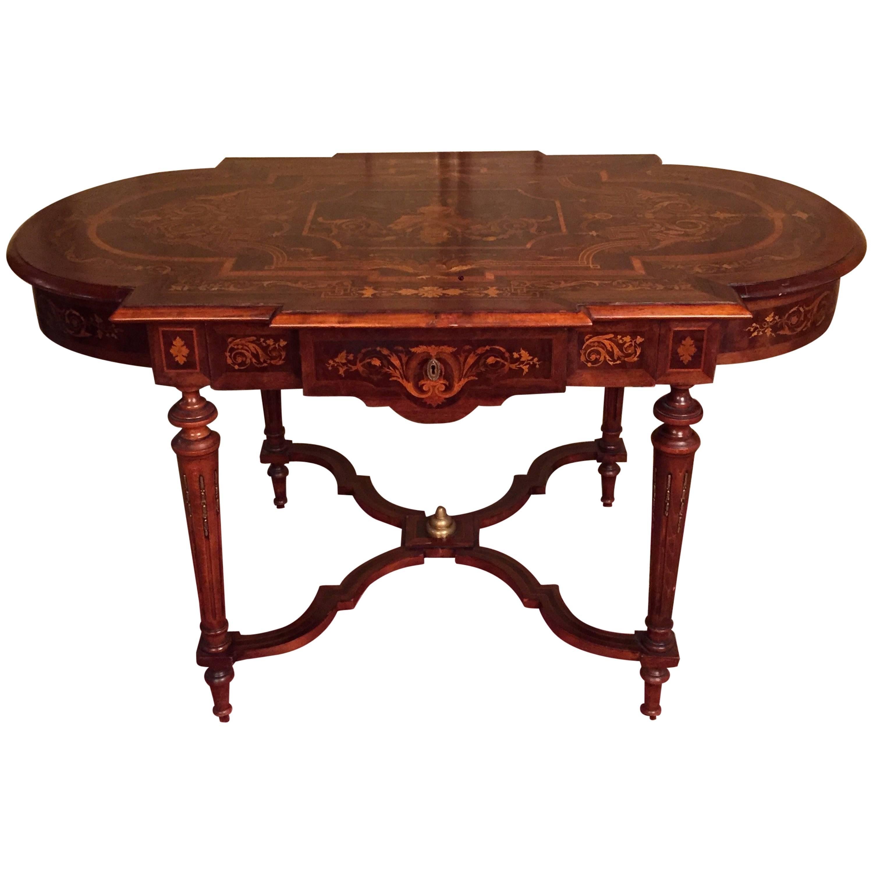 19th Century Marquetry Salon Table Louis XVI with Noble Veneer For Sale
