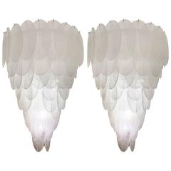 Vintage Pair of Large White Murano Glass Chandliers Barovier e Toso, 1960