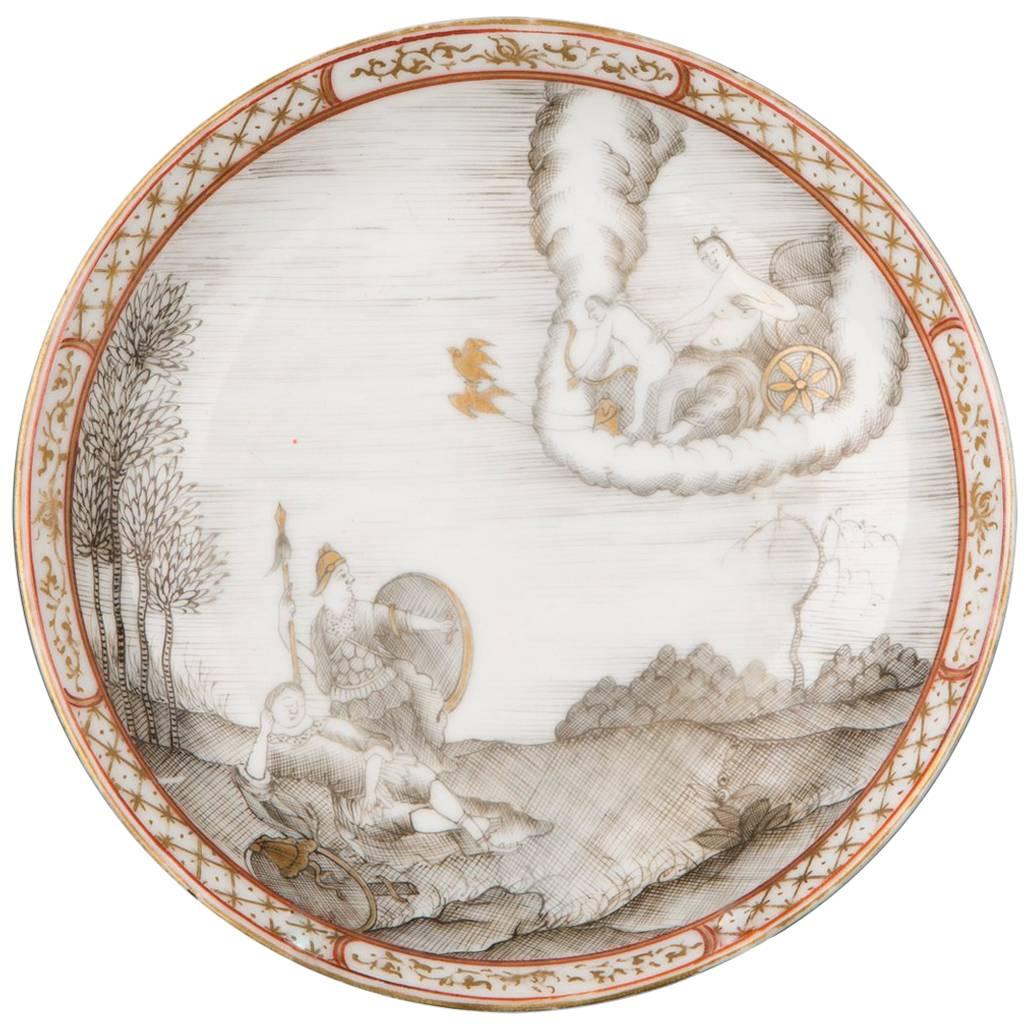 Chinese Export Porcelain Grisaille Saucer with Aphrodite and Eros, 18th Century For Sale