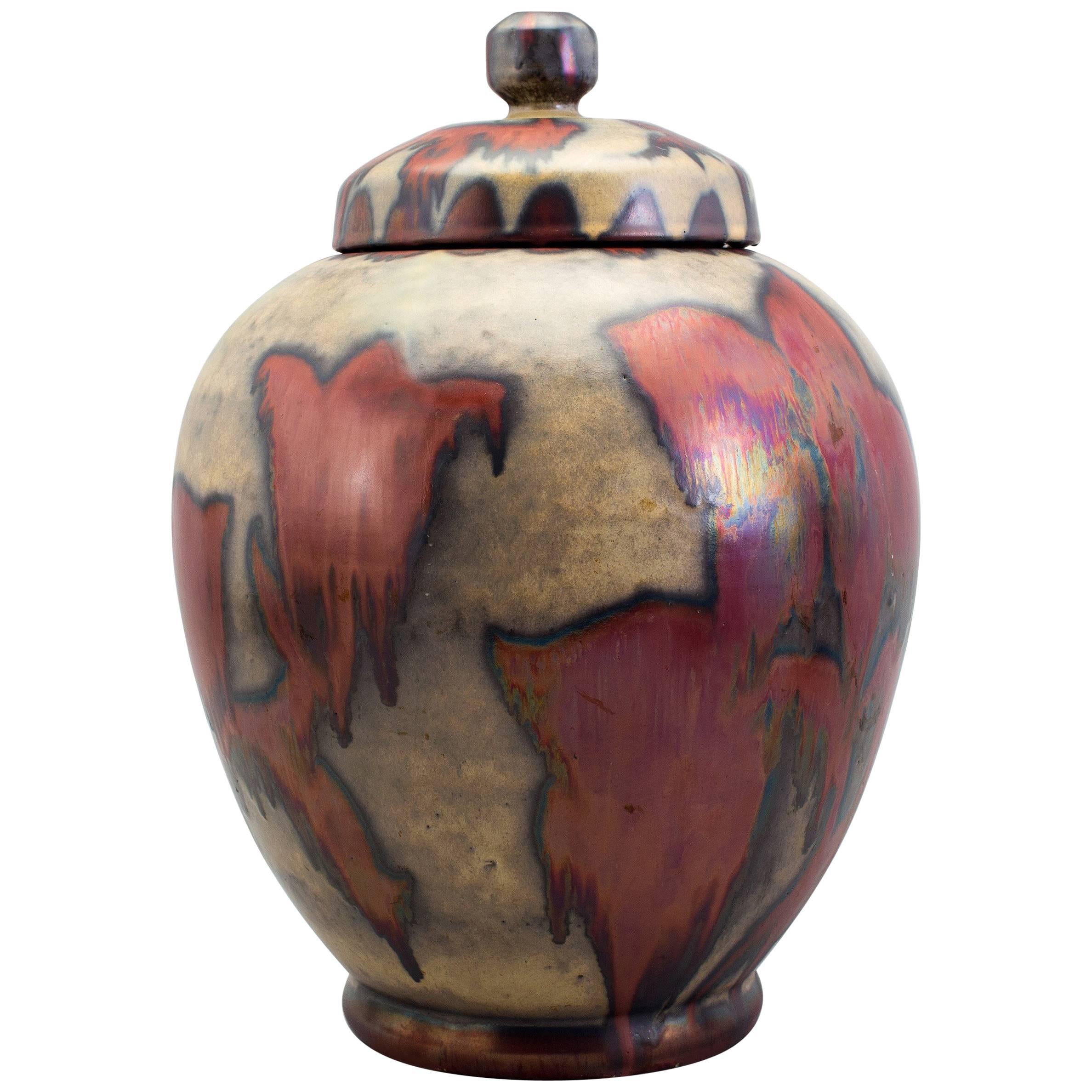 Very Fine Lidded Vase with Abstract Florals in Luster Glazes by Höganäs For Sale